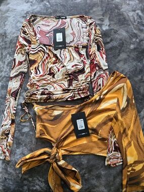 3 For $10 Fashion Nova Mixed Marble & Mustard Tie-Front Crop Tops & Long Sleeve